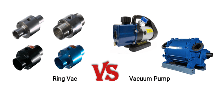 An image showing 4 Ring Vacs in a group on the left side and 2 Vacuum Pumps on the right side