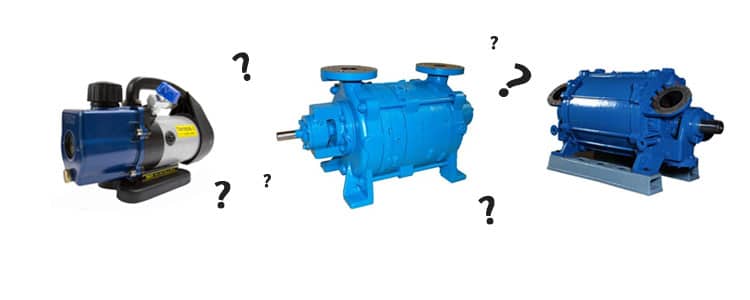 Three various vacuum pumps shown side by side with question marks surrounding them