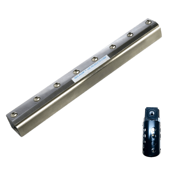 An image showing a stainless steel standard air blade air knife #10012S and filter #90004