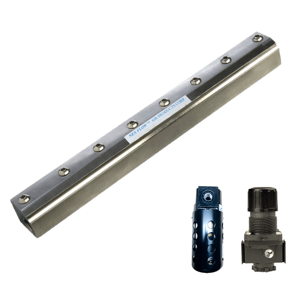An image showing a stainless steel standard air blade air knife #10012S and filter #90004 and regulator #90008