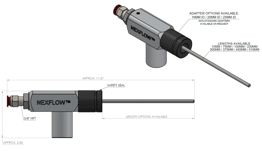 An image showing Dimensions Blind Hole Cleaning System for Automated Systems dimensions.