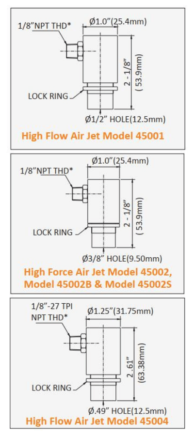 An image showing dimension Model 47001, 47002, 47002B, 47002S, 47004 of the air jets.