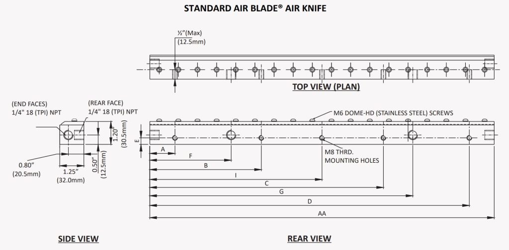 Standard Air Knives Dimension Chart