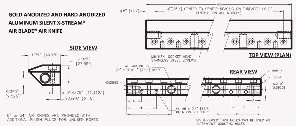 Dimension chart silent x stream air knives