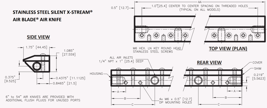 Dimension chart stainless steel silent x stream air knives